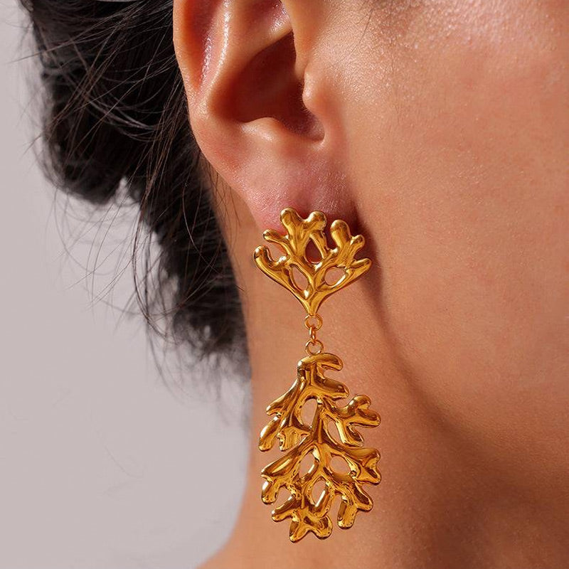 Aretes Coral de Acero Inoxidable Dorado 6 cm