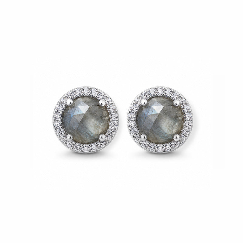 Aretes Aura de Plata 925 de 11 mm con piedra gris facetada y circonias brillantes alrededor.