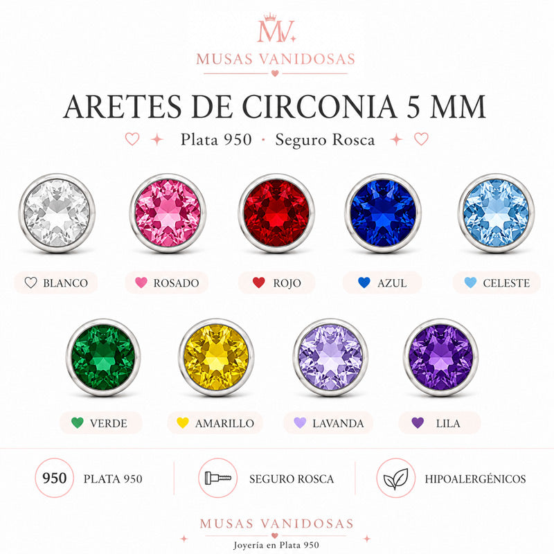 Aretes de Circonia 5 mm con Seguro Rosca en Plata 950