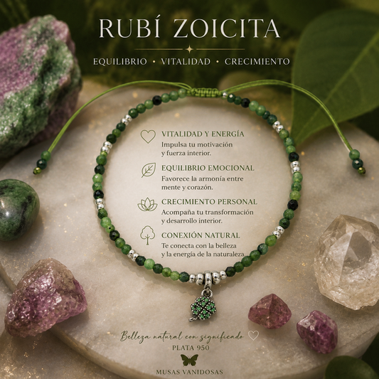 Pulsera de Rubí Zoicita Facetada 2 mm en Plata 950 | Trébol de la Suerte