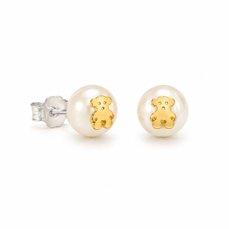Aretes de Perla de Río con Osito de Plata 950 Laminada en Oro