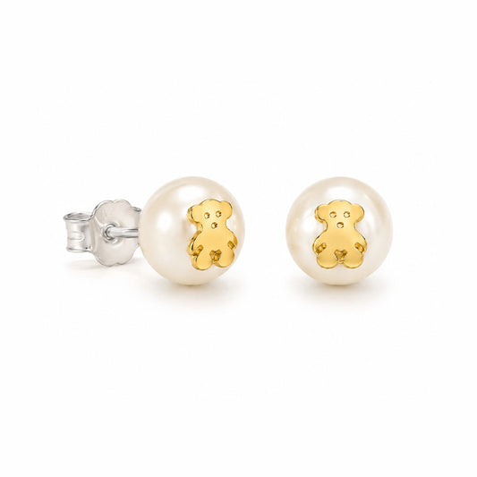 Aretes de Perla de Río con Osito de Plata 950 Laminada en Oro