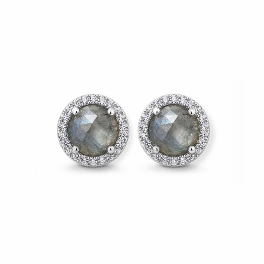 Aretes Aura de Plata 925 de 11 mm con piedra gris facetada y circonias brillantes alrededor.