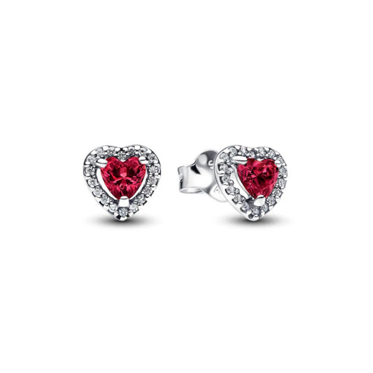 Aretes de corazón con circonia roja y halo de circonias en Plata 925 con cierre de mariposa.