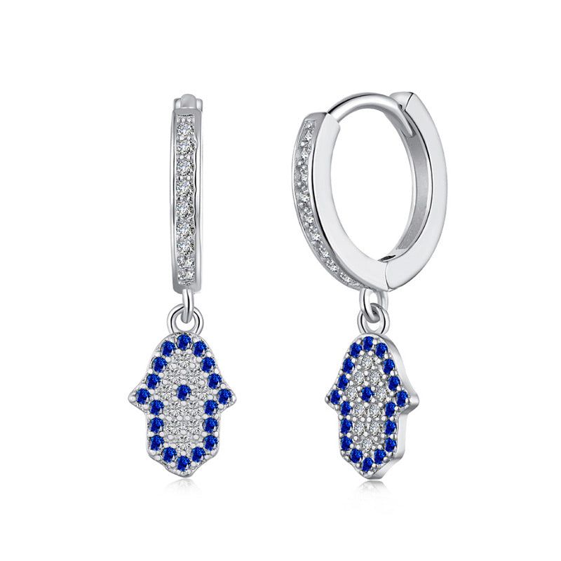 Aretes de Plata 925 Mano de Hamsa con zirconias azules para mujer