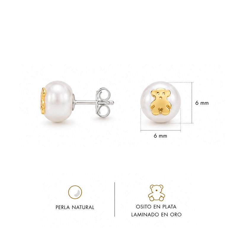 Aretes de Perla de Río con Osito de Plata 950 Laminada en Oro