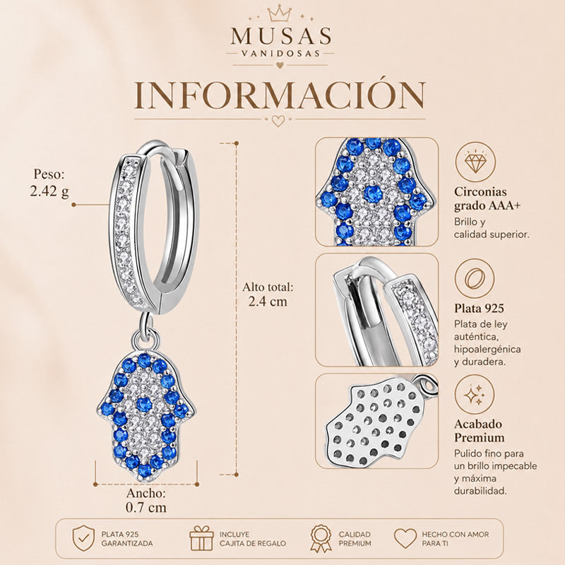 Ficha técnica de aretes Mano de Hamsa en Plata 925 con medidas, peso y características.