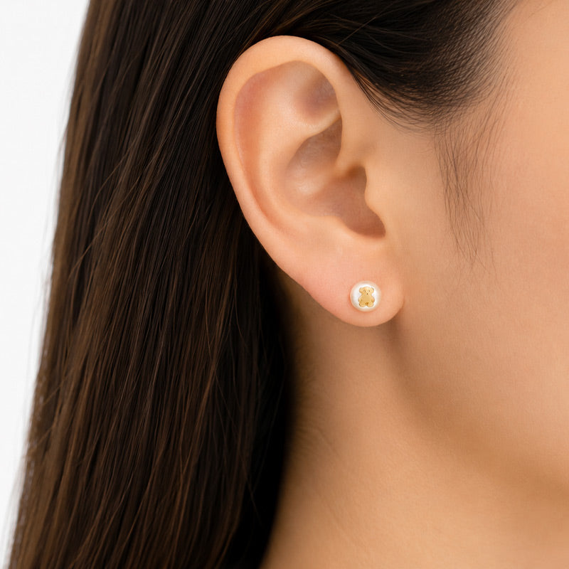 Aretes de Perla de Río con Osito de Plata 950 Laminada en Oro